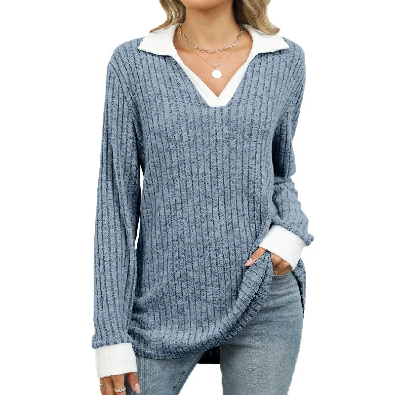Overstock Contrast Color Lapel Long Sleeve Loose Sweaters Tops Wholesale Womens Clothing N3824072900053