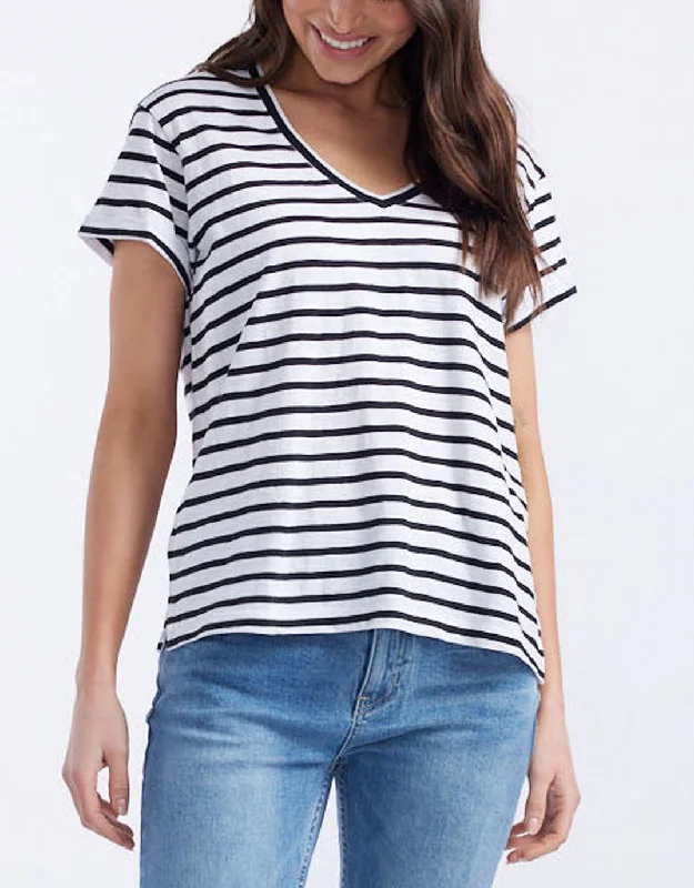 Early Bird Turn Back V Neck T-Shirt - White/Black Stripe