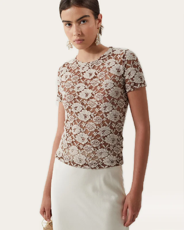 Weekend Savings Delight Adina T-Shirt Cotton Blend Floral Lace Brown