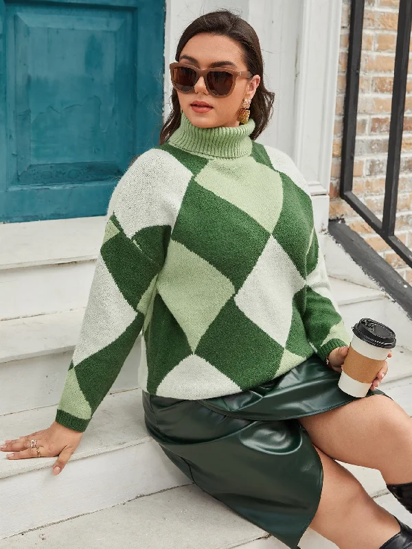 Stock Clearance Geometric Long Sleeve High Neck Regular Plus Size Sweater