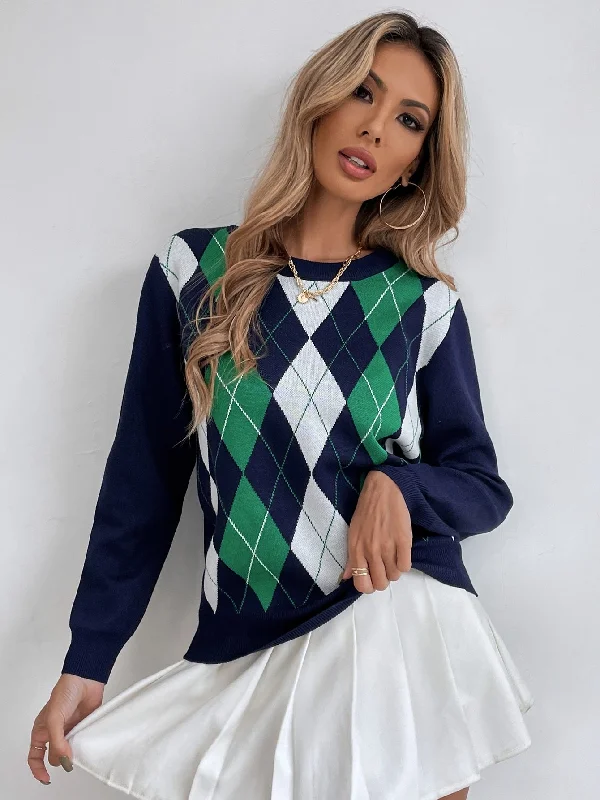 Discount Mania Preppy Geometric Long Sleeve Round Neck Regular Women Sweater