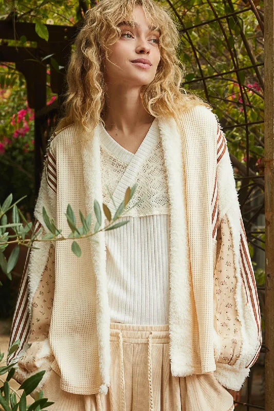 Weekend Deal POL Open Front Waffle Knit Fleece Mix Cardigan