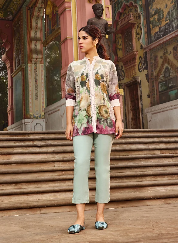 Special Savings Ayeza Green Printed Crepe Shirt for Women