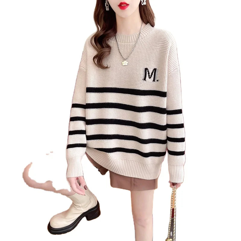 Weekend Discounts to Savor 2024 New arrival spring and autumn high-quality fashion women's cheap crew neck striped loose knit boutique pullover sweater Weekend Discounts to Savor 2024 New arrival spring and autumn high-quality fashion women's cheap crew neck striped loose knit boutique pullover sweater