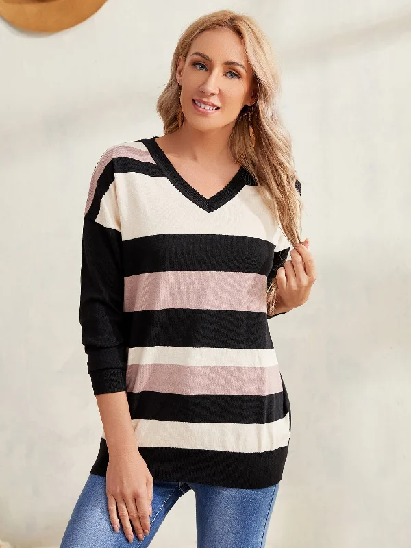 Steals and Deals Casual Colorblock Long Sleeve V Neck Regular Women Sweater