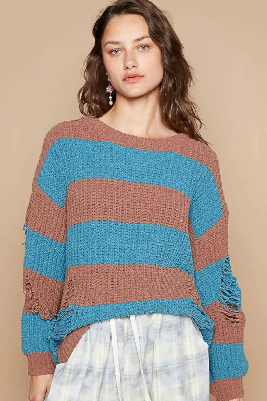 Celebrate the Weekend with Discounts POL Striped Distressed Long Sleeve Sweater