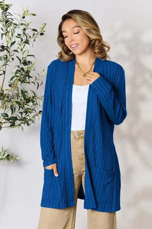 Stock Up and Save Ribbed Open Front Cardigan with Pockets