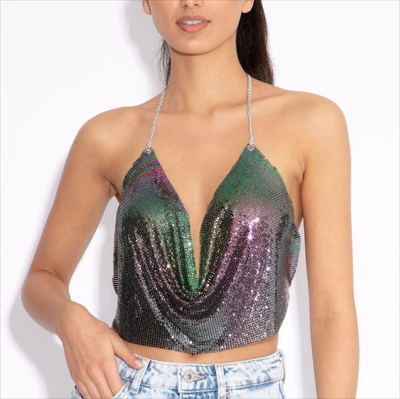 Stock Up and Save SHIHAN Shinning Metal Chain Crop Top Summer Beach Backless Metallic Mesh Halter Sexy Tops Party Women Tank Top Sequins