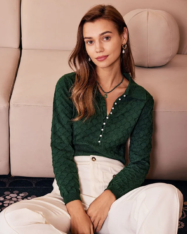 Unmissable Offer The Dark Green Lapel Ribbed Textured Knit Top