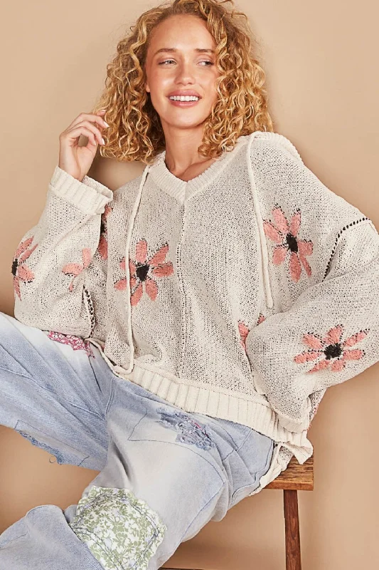 Hot Buy POL Floral Pattern Hooded High-Low Sweater