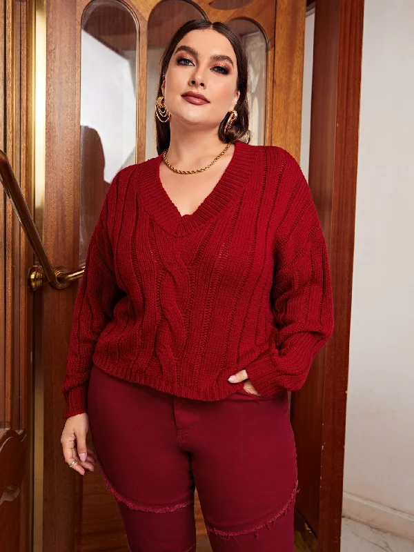 Weekend Deal Plain Long Sleeve V Neck Regular Plus Size Sweater