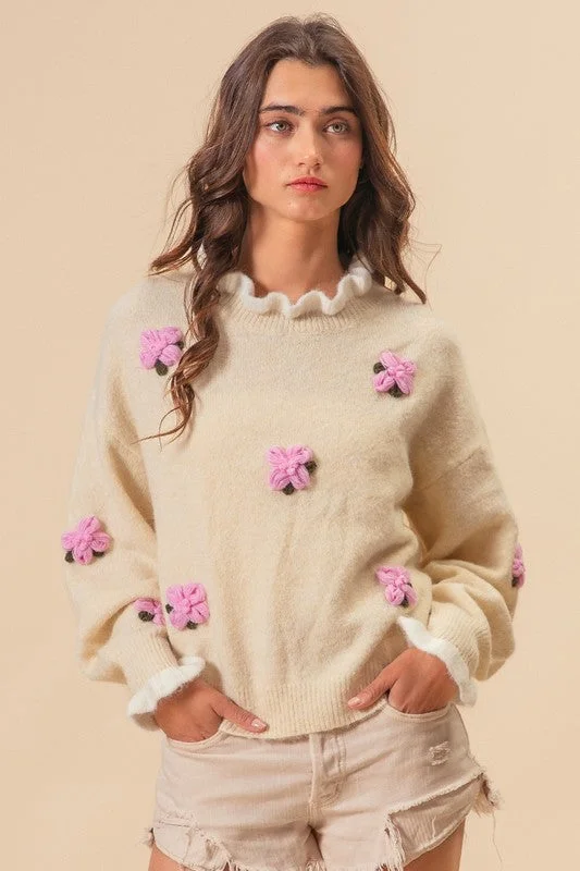 Midnight Madness BiBi Ruffled Crochet Flower Dropped Shoulder Sweater