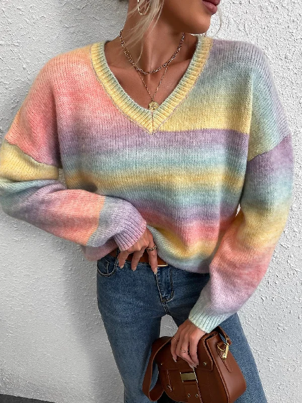 One-DAY Sale Casual Ombre Long Sleeve V Neck Regular Women Sweater