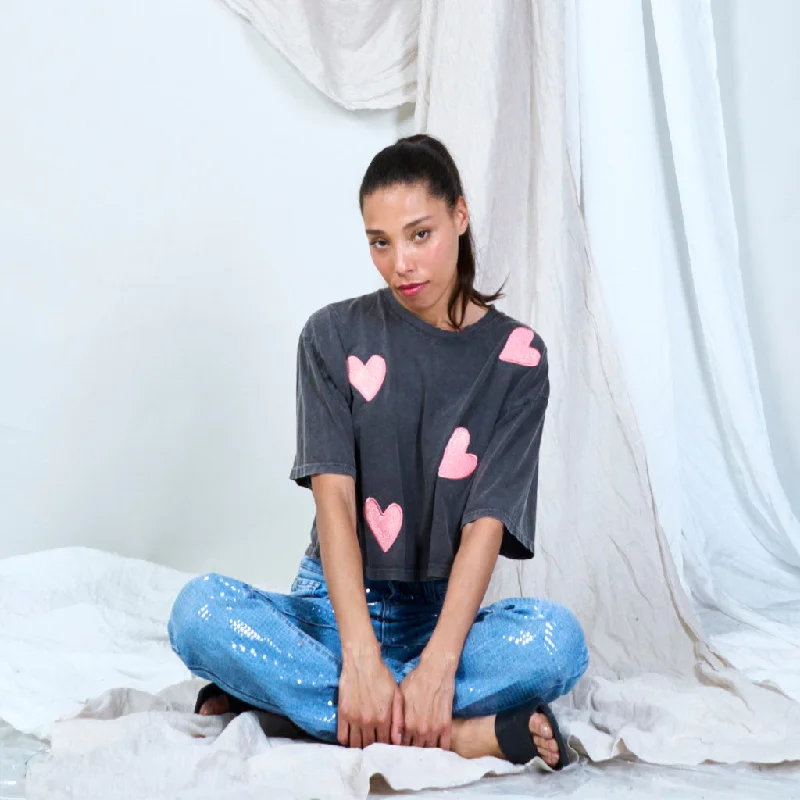 Crazy Savings Heartfelt charms glitter appliqué short t-shirt wholesale