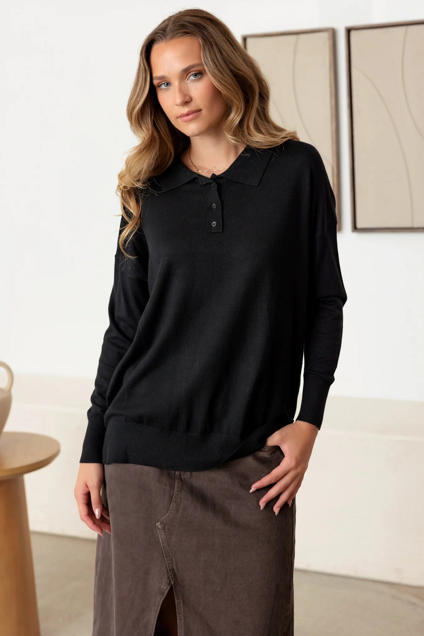 Take Advantage Collar Polo Soft Knit Sweater Top