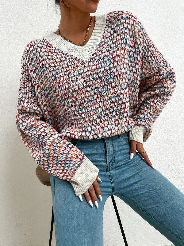 Special Offer Casual All Over Print Long Sleeve V Neck Regular Women Sweater