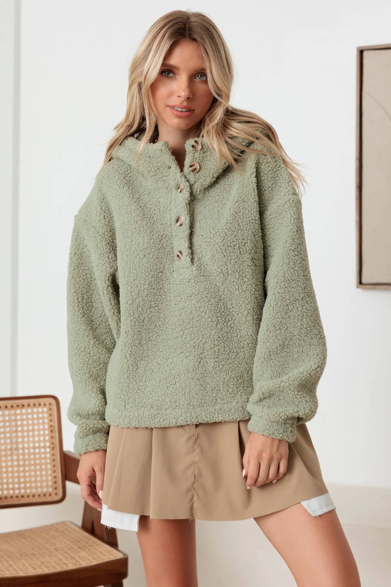 Super Bargain Sherpa Button-Up Two Pocket Hooded Pullover Jacket