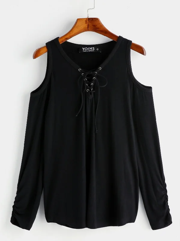 New Arrival Custom Round Neck Cold Shoulder Plain Lace-Up Long Sleeve Black T-Shirts