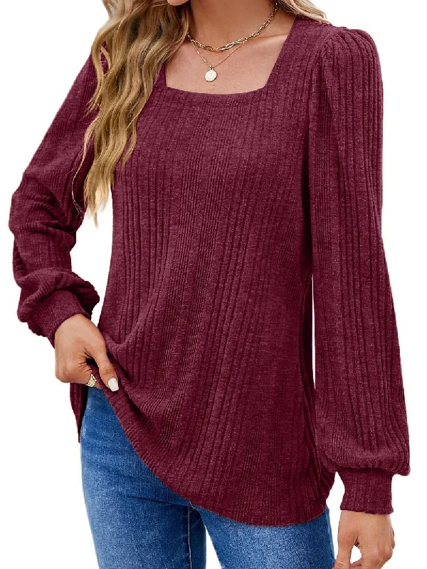 Weekend Shopping Bliss Fashion Ribbed Square Neck Long Sleeve Knit Top Wholesale Womens Tops