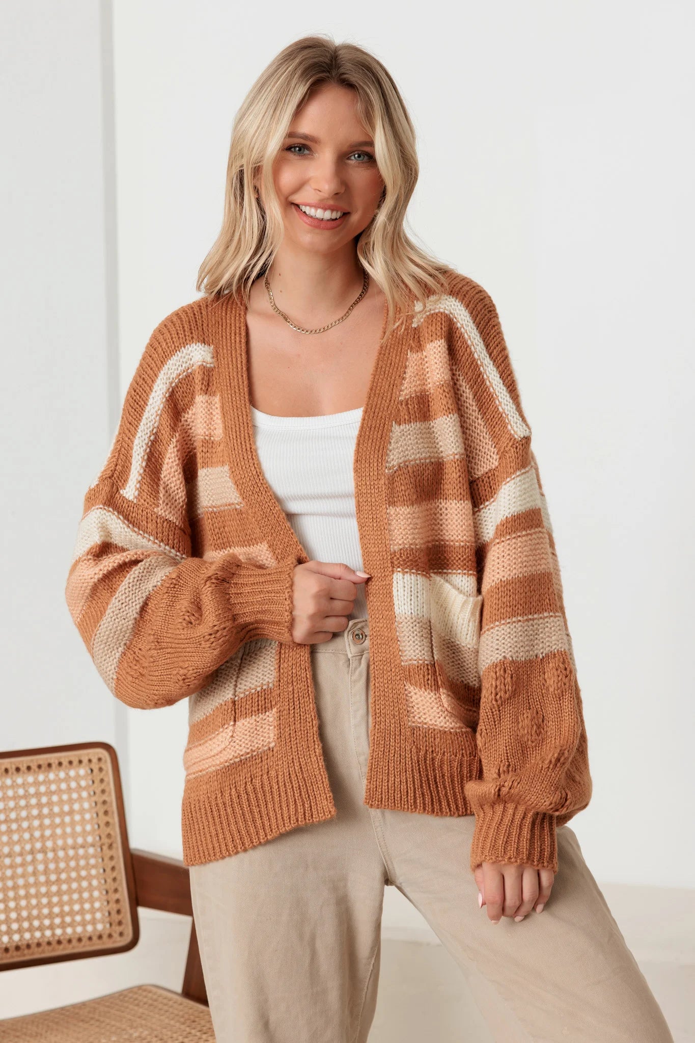 Weekend Deals That Spark Striped Crochet Knit detail Two Pocket Open Cardigan