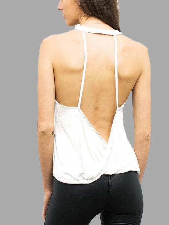 Value Deals Custom Round Neck Plain Backless Sleeveless White Tank Top