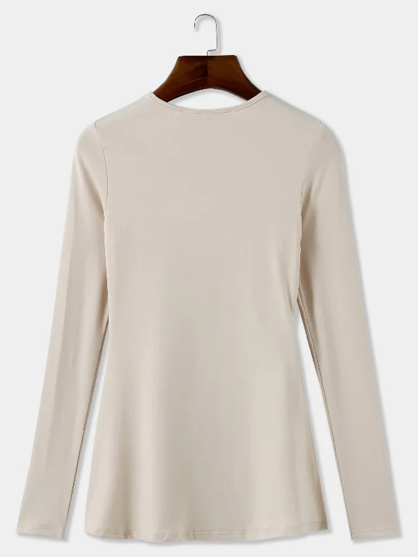 Weekend Offers That Impress Custom Crew Neck Slit Long Sleeve Beige T-Shirts
