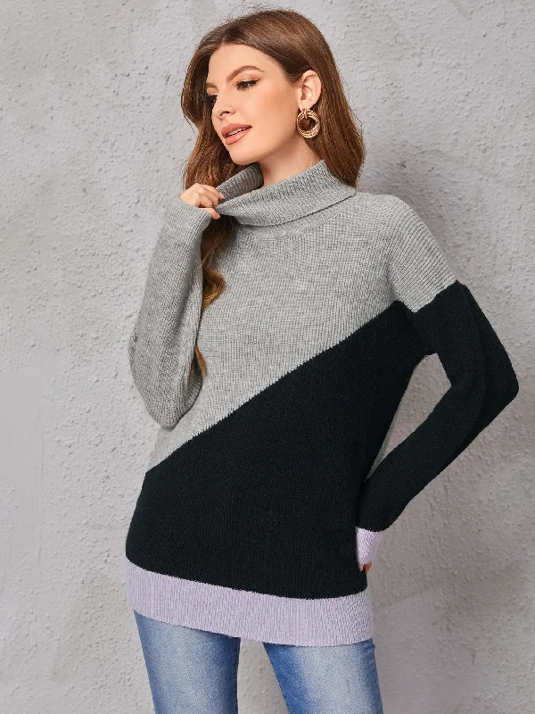 Weekend Bargains Galore Casual Colorblock Long Sleeve High Neck Long Women Sweater