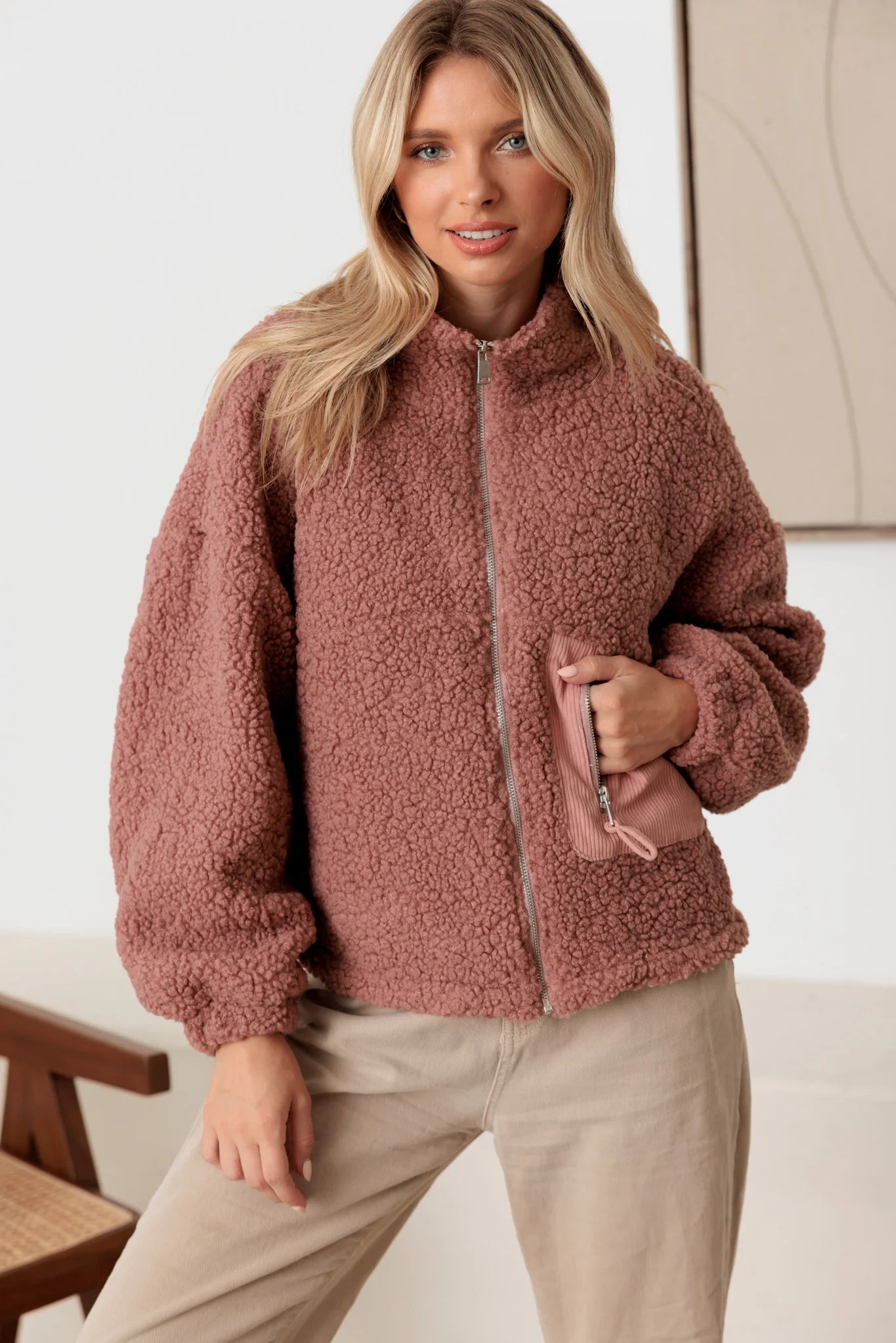 Mega Discount Sherpa Long Sleeve Ribbed Pocket Mock Neck Jacket