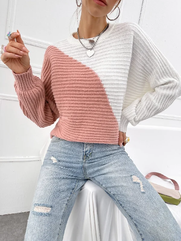 Online Exclusive Casual Colorblock Rib-Knit Long Sleeve Stand Collar Regular Women Sweater