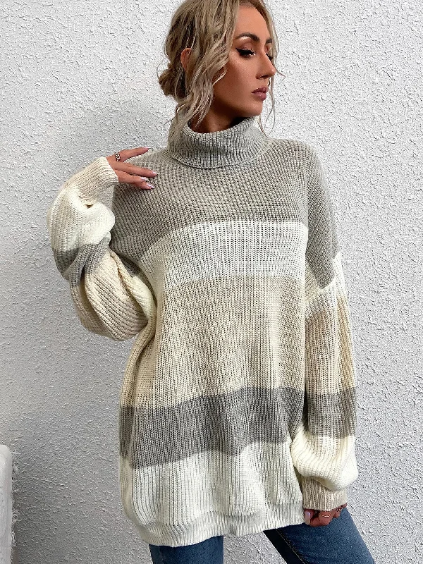 Huge Savings Casual Colorblock Long Sleeve High Neck Long Women Sweater