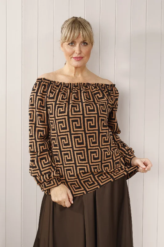 Cash Savings Zendi print Gypsy top  Tan