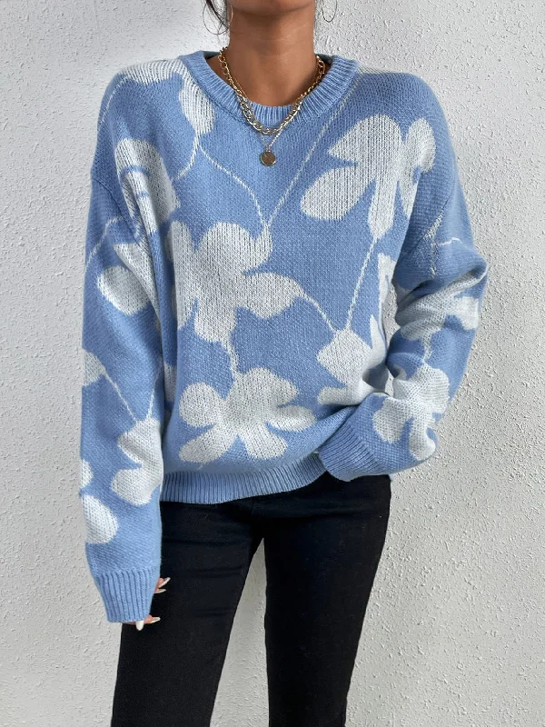 One-DAY Sale Casual Floral Long Sleeve Round Neck Regular Women Sweater