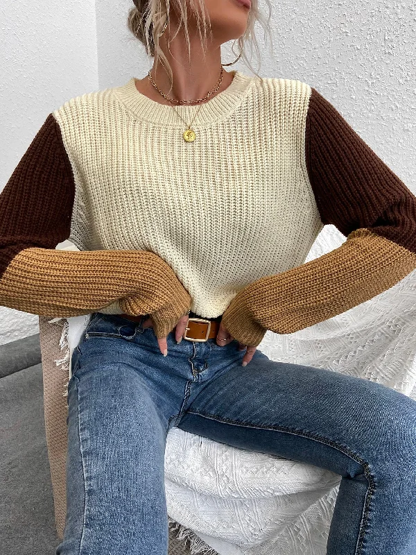 Can't Resist Casual Colorblock High Low Long Sleeve Round Neck Regular Women Sweater