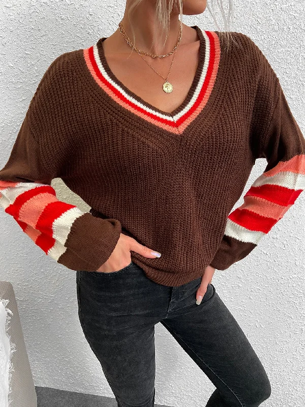 Best Choice Preppy Colorblock Long Sleeve V Neck Regular Women Sweater