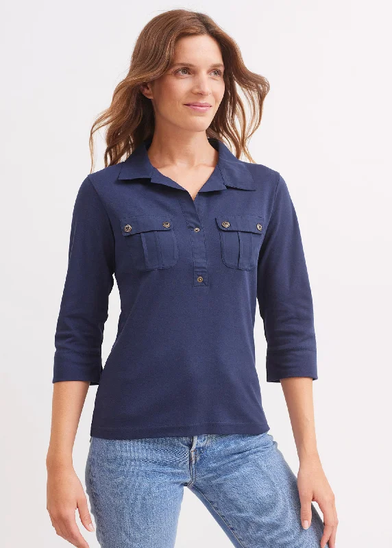Limited Quantity Polo manches 3/4 Oléron - en coton, avec poches (MARINE)