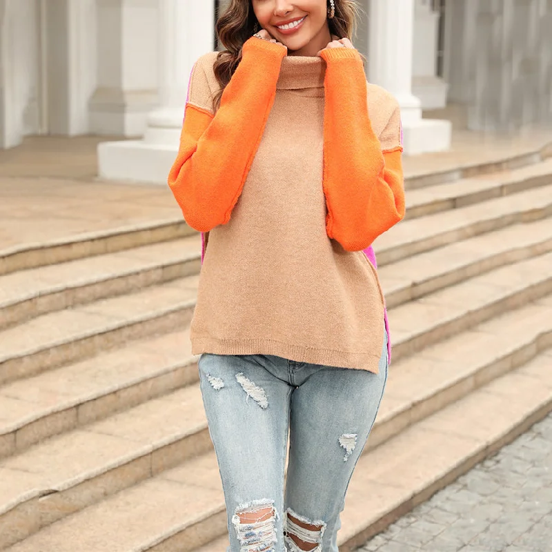 Final Clearance Patchwork Fashion Knitwear Turtleneck Pullover Wholesale Womens Clothing N3823070300180
