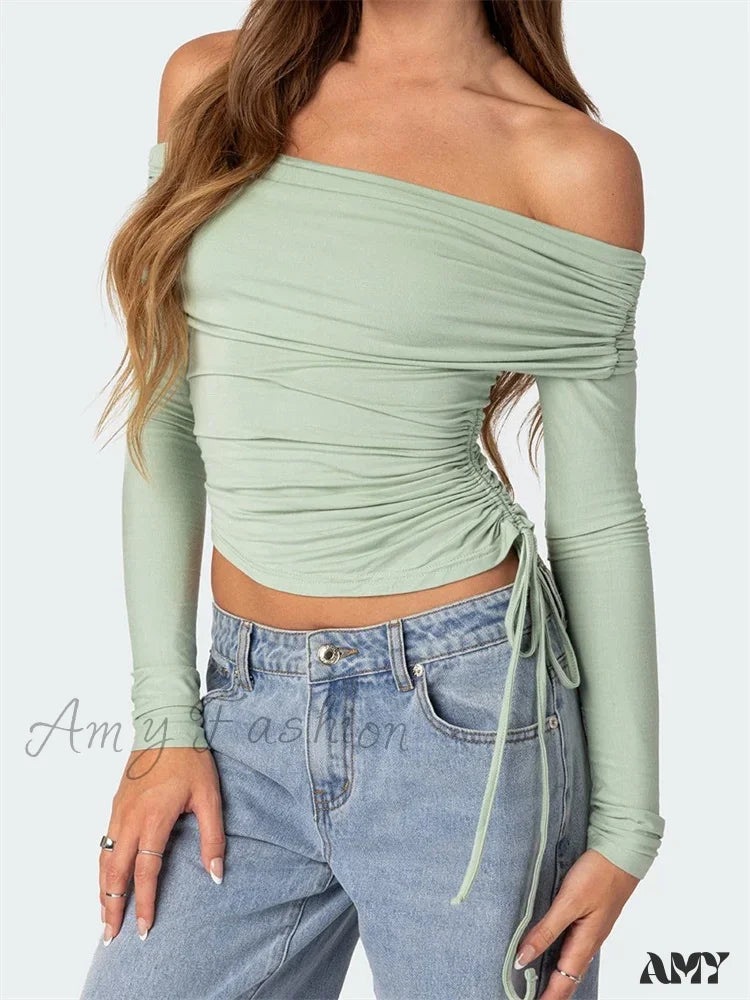 Weekend Shopping Made Better Amy Fashion - 90s Off Shoulder Long Sleeve Slim FitRetro Ruched Tie Up T-Shirts