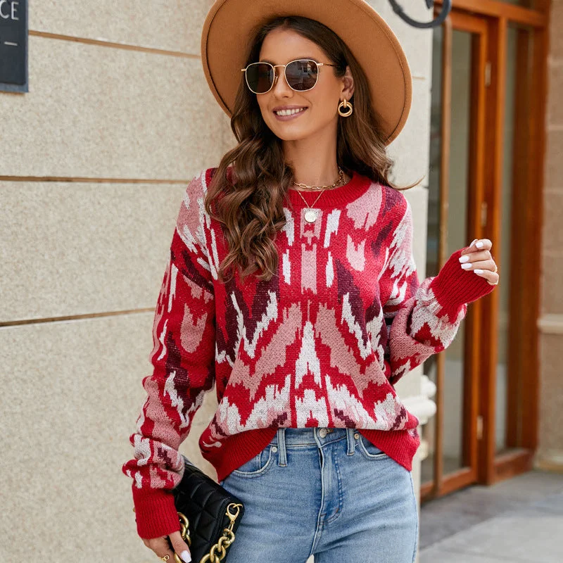 Unmissable Sale Contrast Jacquard Loose Long Sleeve Sweater Wholesale Womens Clothing N3823110200037