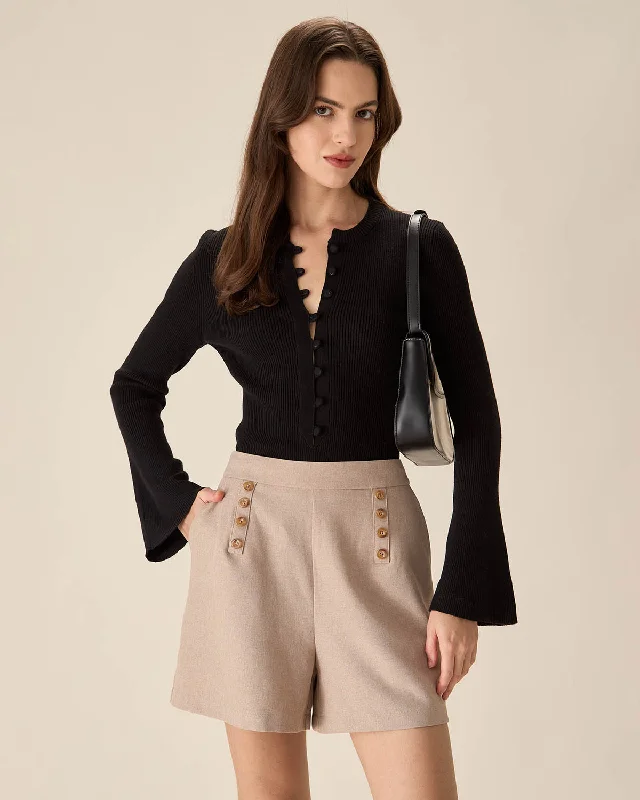 Exclusive Access The Black Round Neck Button Up Knit Top