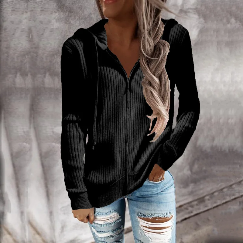 Stock Clearance Casual Solid Color Striped Long Sleeve Zipper Hooded Knit Cardigan Wholesale Womens Clothing