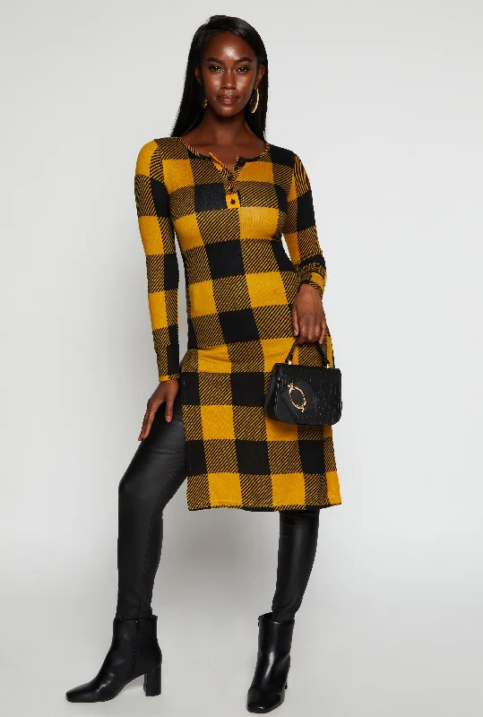 Amazing Value Plaid Side Slit Long Sleeve Tunic Top