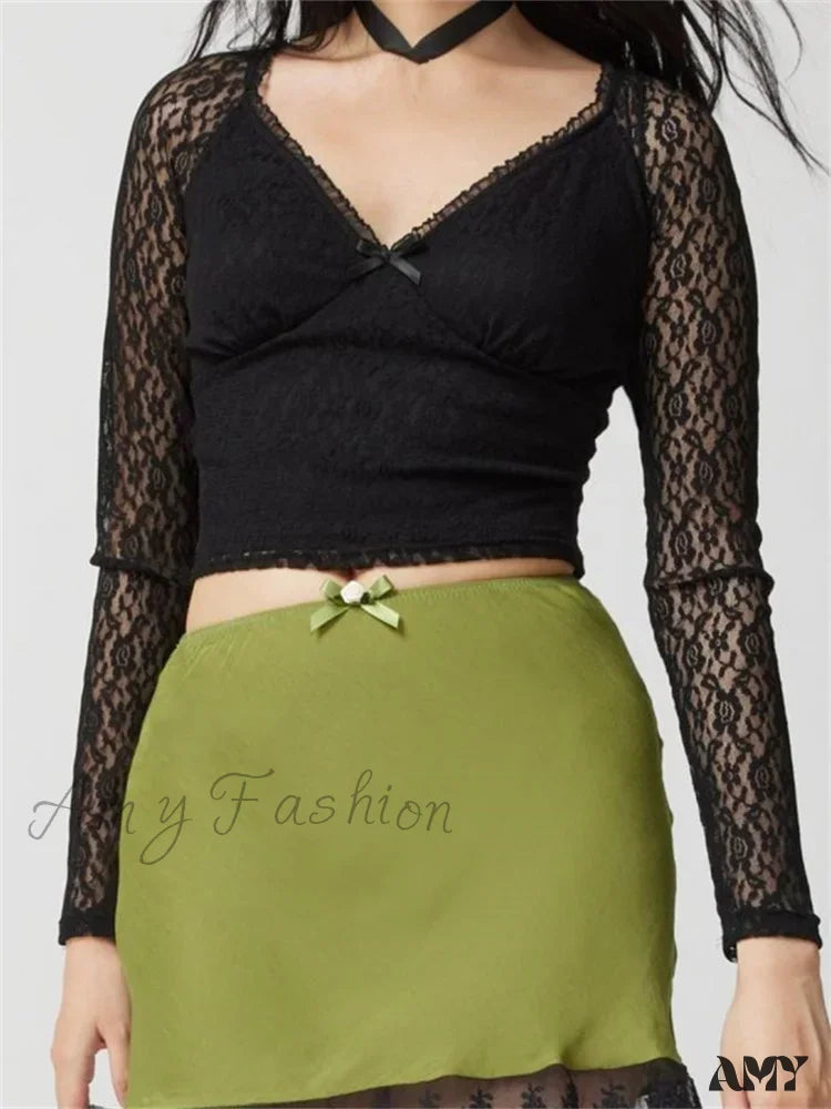 Loyalty Reward Amy Fashion - Clubwear V-neck Black Slim Lace Flower Mesh T-Shirts