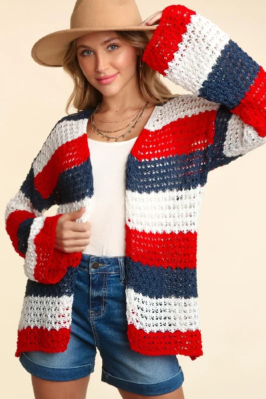 Closeout Deal Open Front Long Sleeve Striped Cardigan