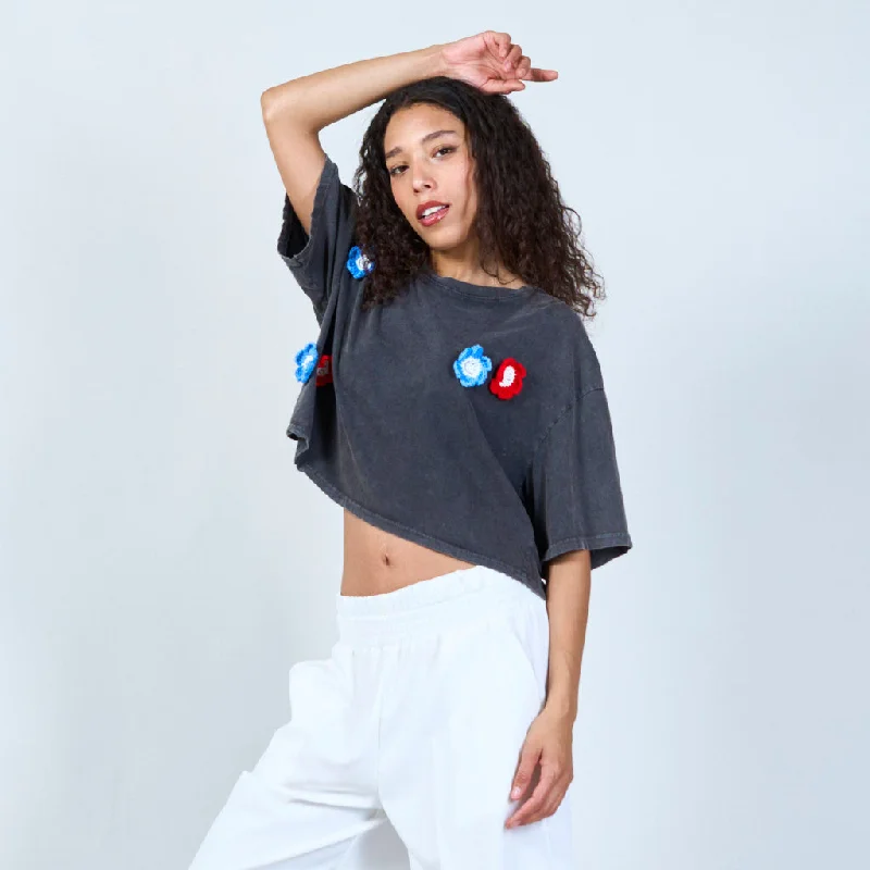 Price Meltdown Vintage wash t-shirt with crochet flower accents wholesale