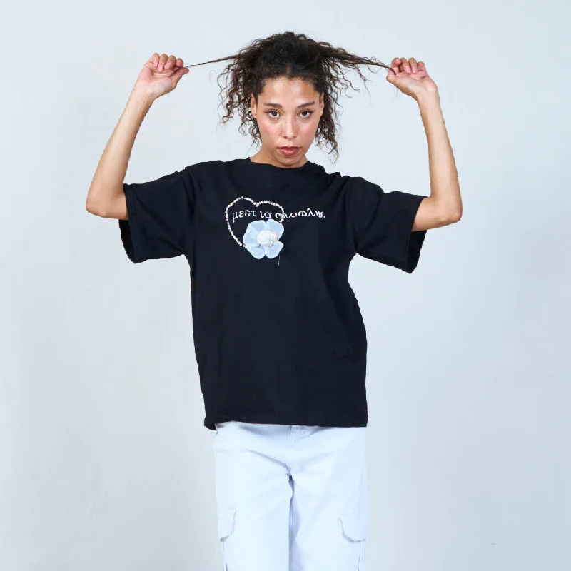 Weekend Specials to Savor Embellished floral slogan tee wholesale