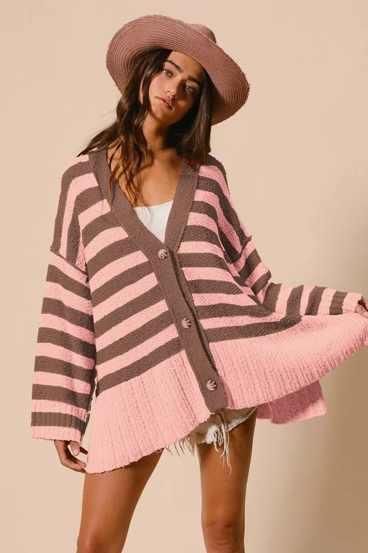 Sale Event Pink Striped V-Neck Button Up Cardigan