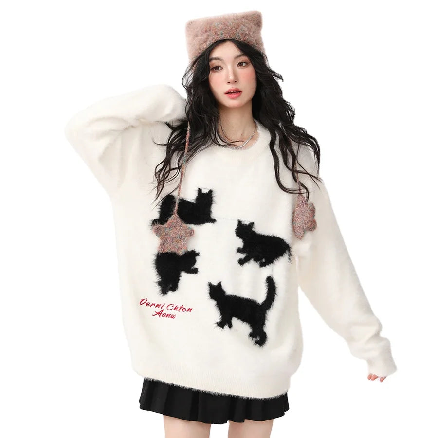 Can't Be Beat 2024 Spring women fashionable crew neck long sleeve cartoon cat animal jacquard mohair sweater jumper
