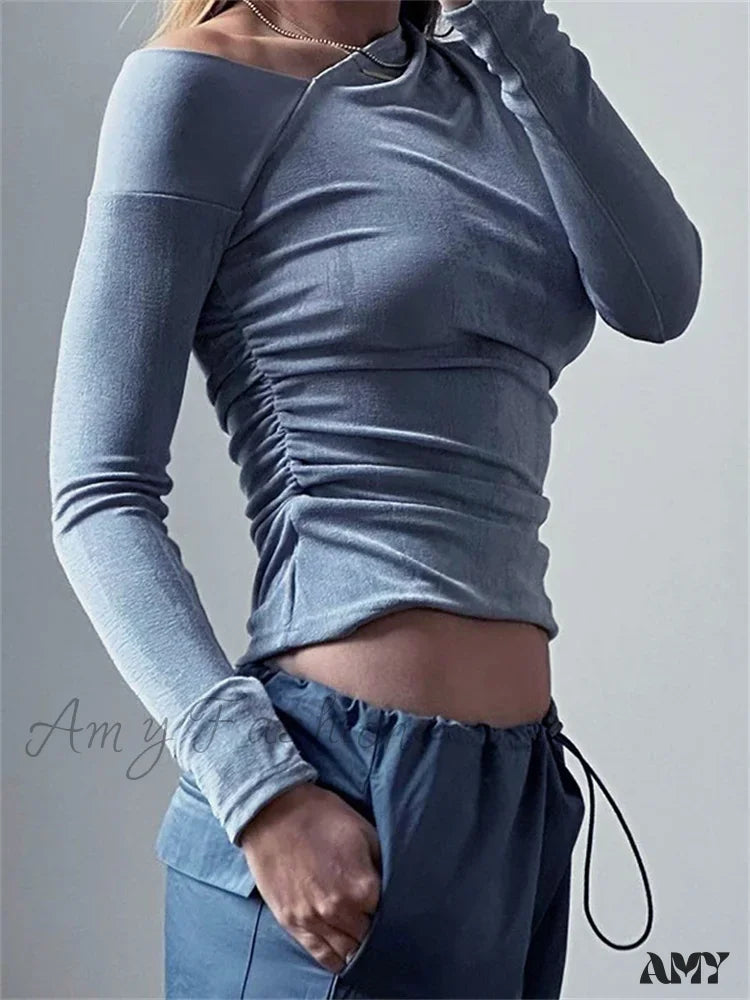 Doorbuster Deal Amy Fashion - Solid Color Long Sleeve Off Shoulder Irregular Neck Ruched T-shirts