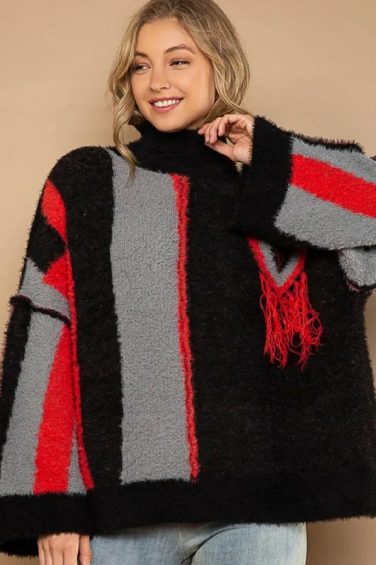 Weekend Bargains to Grab POL Turtleneck Color Block Fringe Detail Sweater