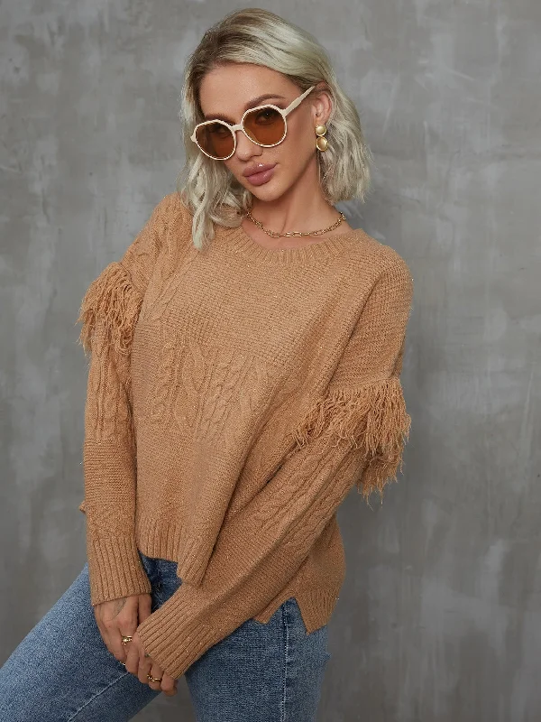 Amazing Deals Elegant Plain Fringe Long Sleeve Round Neck Slit Regular Women Sweater Amazing Deals Elegant Plain Fringe Long Sleeve Round Neck Slit Regular Women Sweater